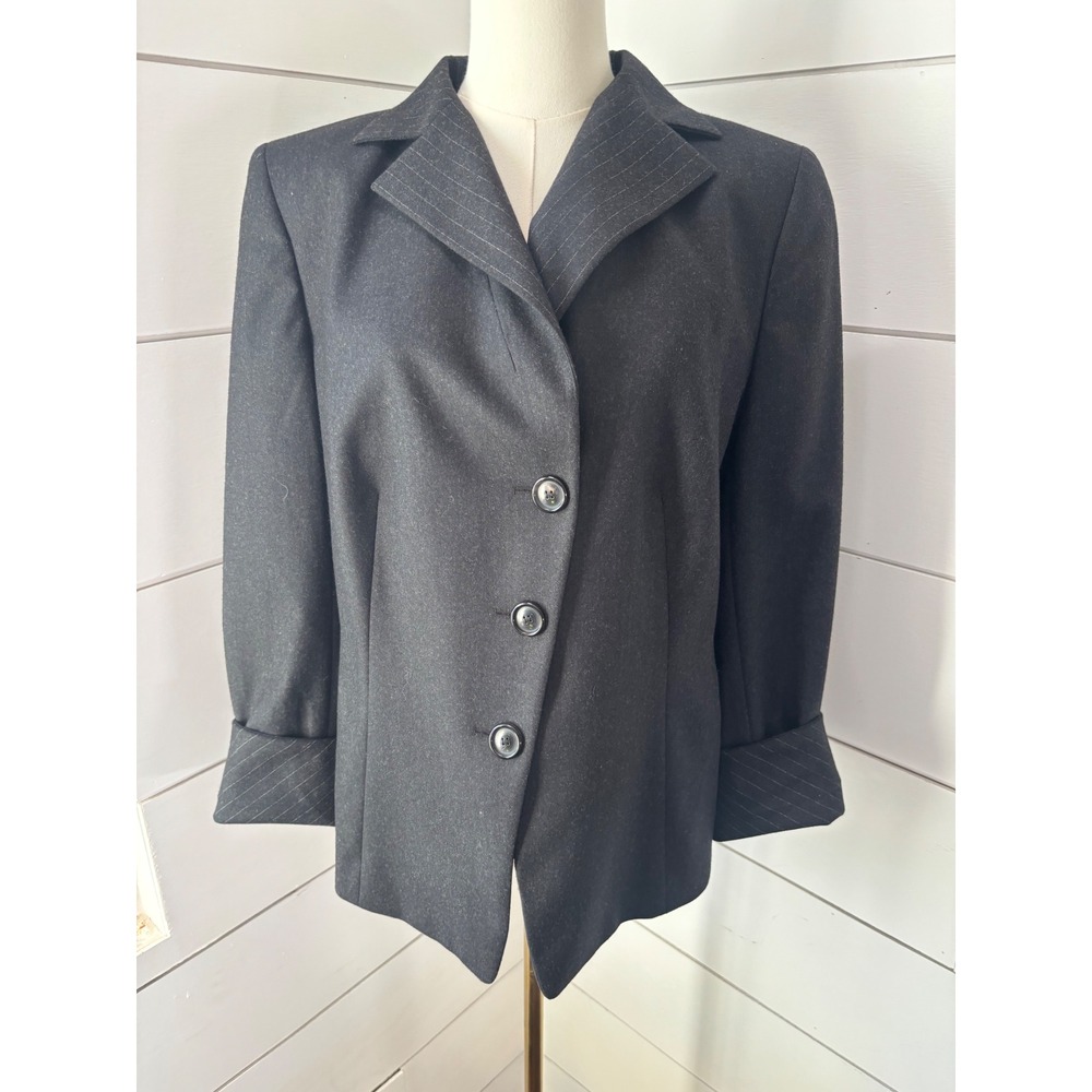 Akris Wool Blazer Womens 12 Charcoal Grey Excellent Pinstripe Lapel Professional